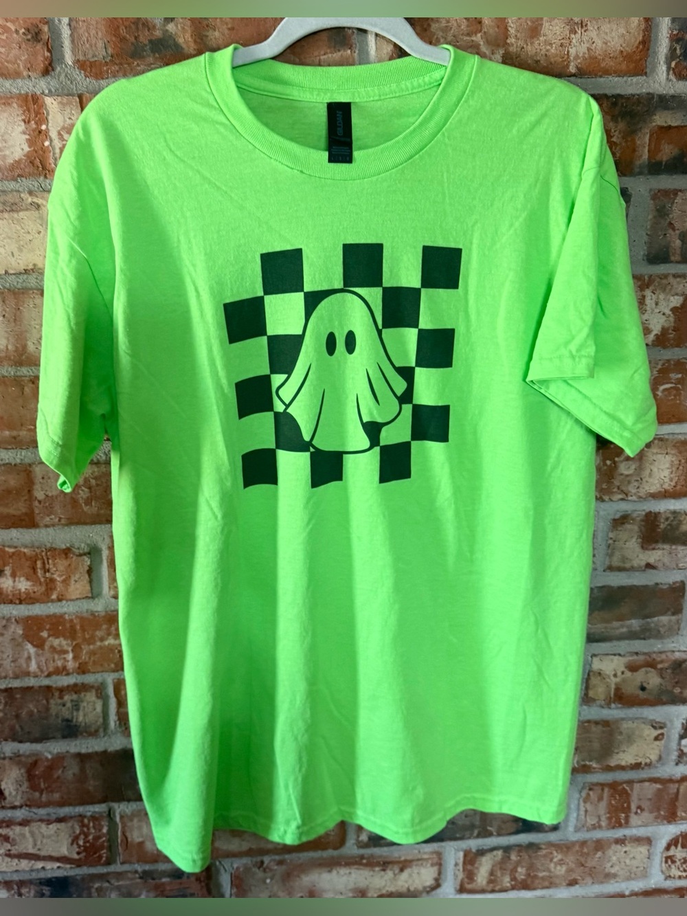 Gildan Neon Green Short Sleeve Tee with Black Ghost & Checkerboard